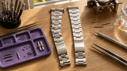 Worn watch bracelet compared with restored bracelet during professional refinishing service.