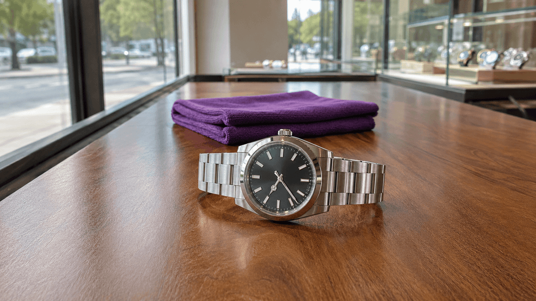 Black dial stainless steel watch displayed on a wooden counter.