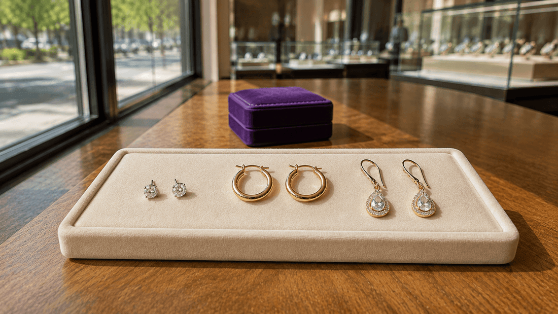 Three pairs of earrings displayed on a cream jewelry tray.