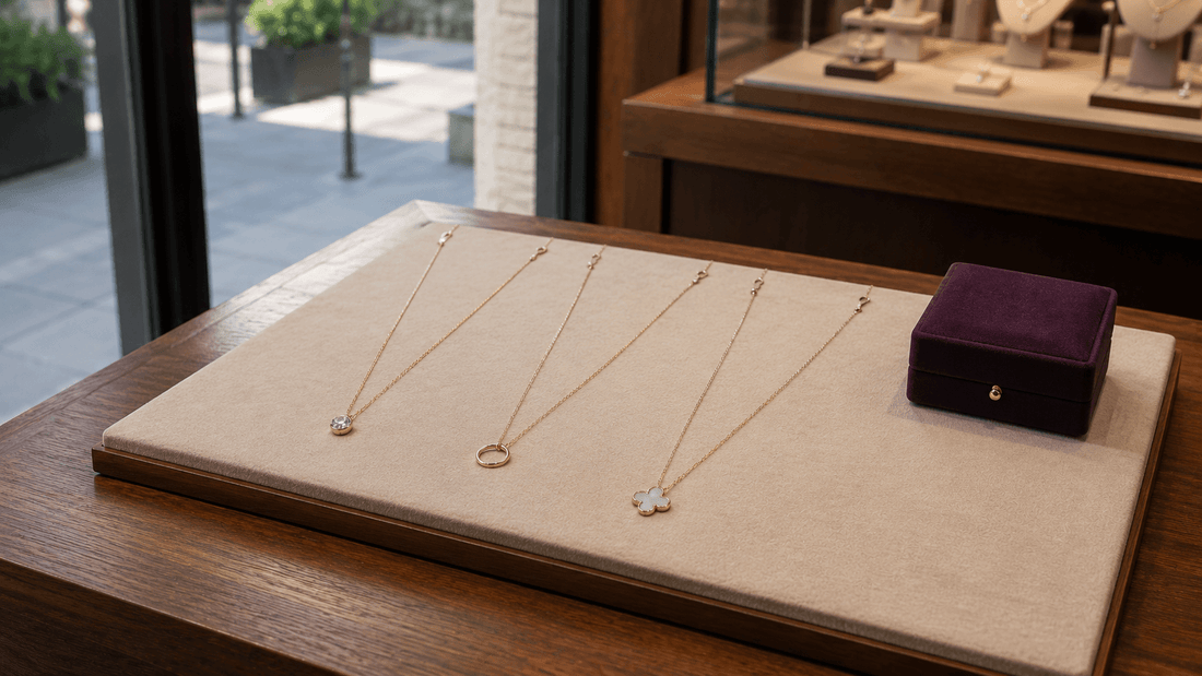 Three delicate gold necklaces displayed on a cream jewelry tray.