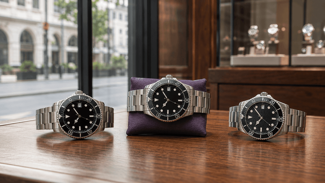 Three stainless steel black dial dive-style watches displayed on a wooden counter.