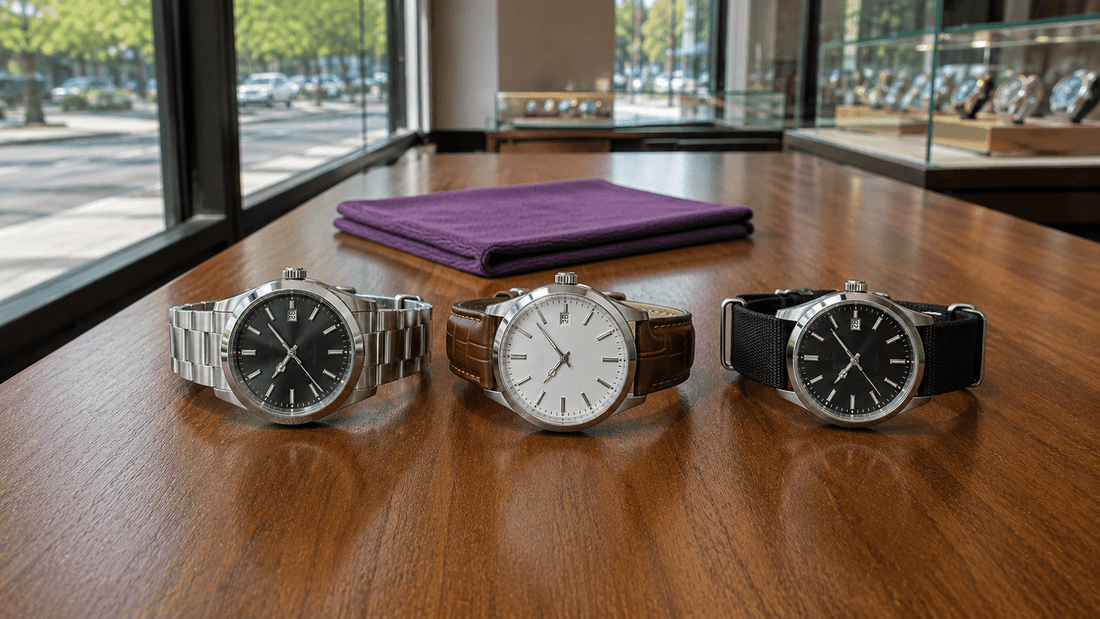 Three dress watches with metal, brown leather, and black fabric straps on a wooden counter.
