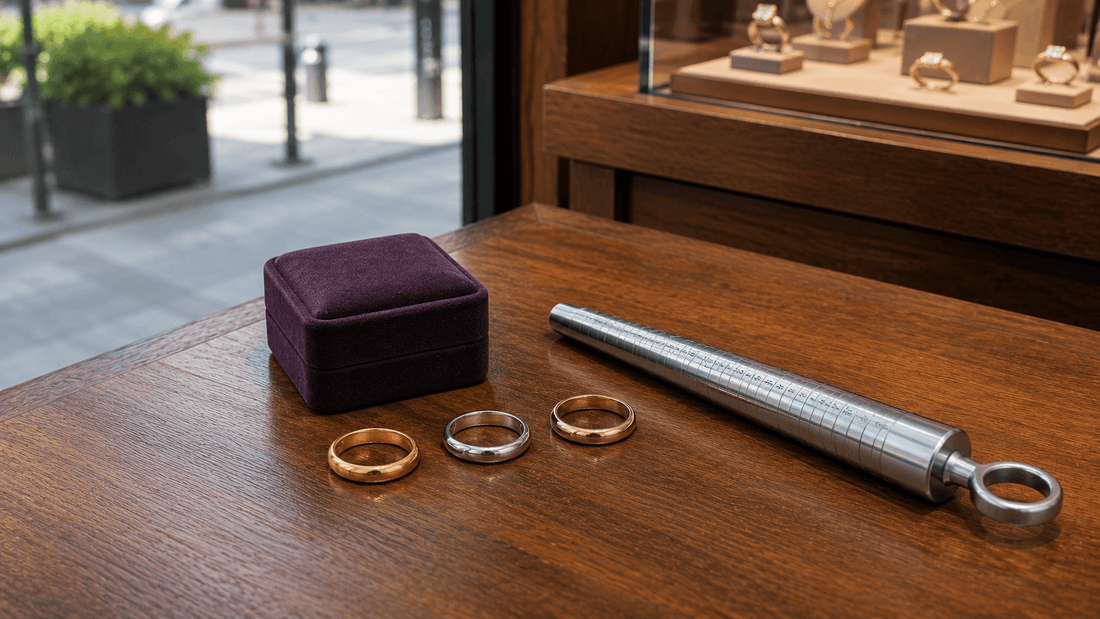 Three wedding bands beside a metal ring sizer on a wooden jewelry counter.