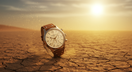Luxury watch exposed to extreme heat and dry climate in a desert, illustrating how humidity and climate impact your luxury watch.