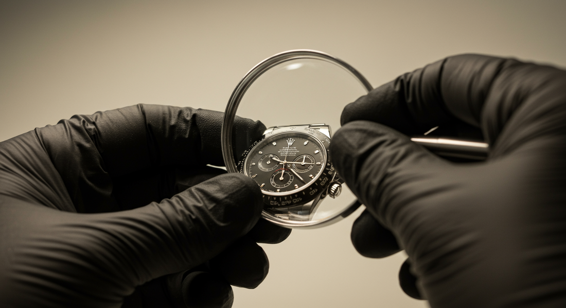 Watch specialist inspecting a Rolex through magnification, demonstrating how to spot a fake Rolex using professional techniques.