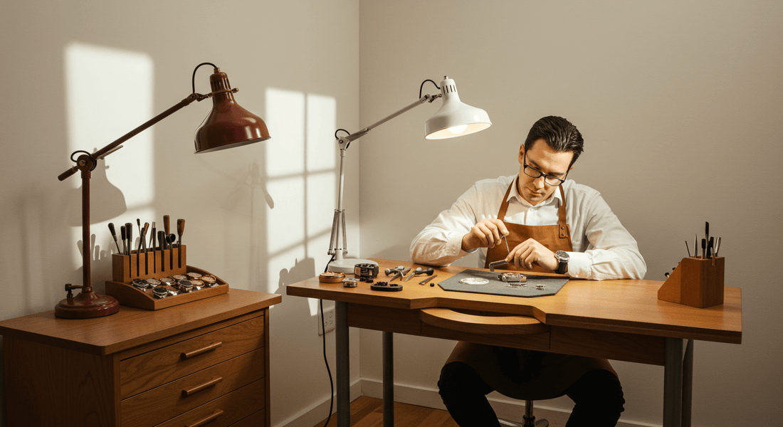 Professional watchmaker working at a desk with tools in a California-based workshop.