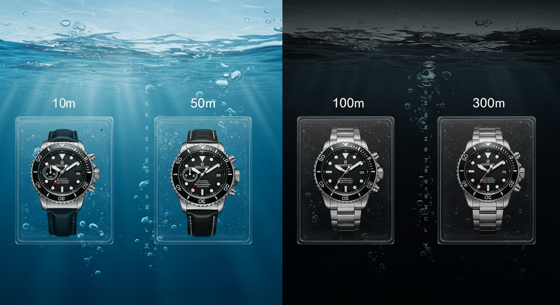 Visual comparison of watch water resistance ratings from 10m to 300m, showing dive-ready timepieces at increasing depths.
