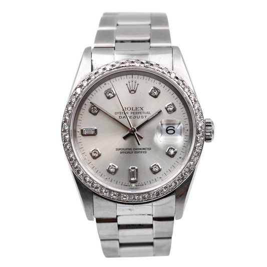 Front view of Rolex Datejust with diamond hour markers and silver dial showing date at 6.