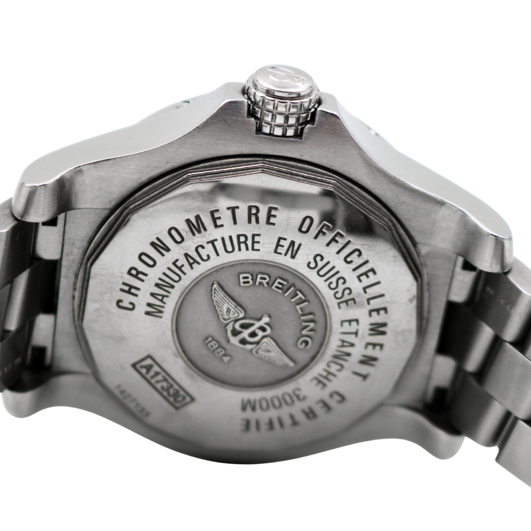 Breitling Avenger Seawolf caseback showing engraved details.