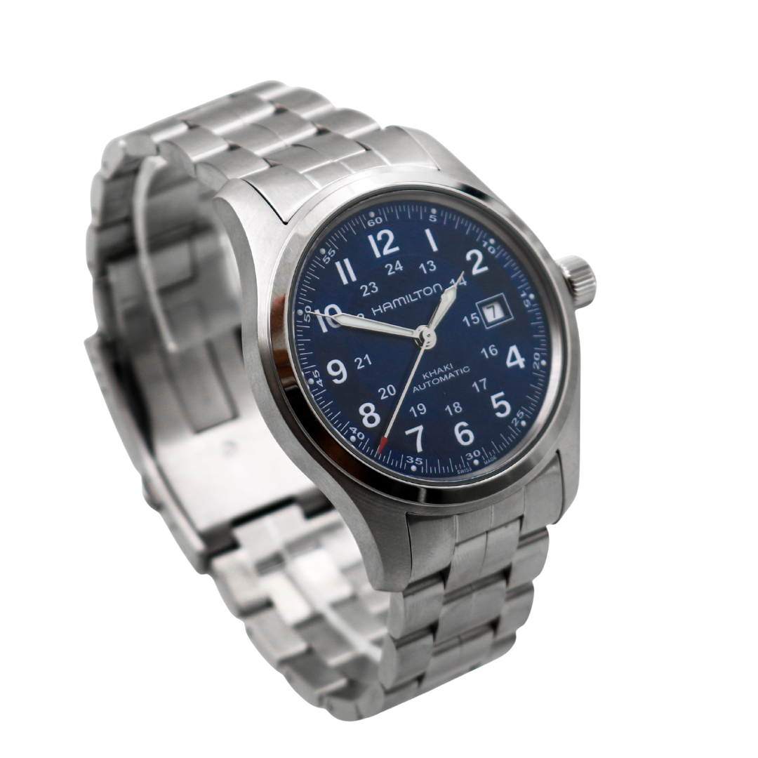 Hamilton Khaki Field watch angled left with blue dial and metal bracelet