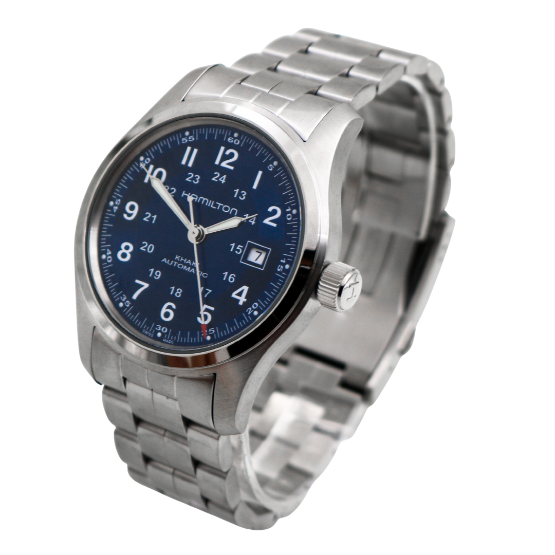 Hamilton Khaki Field watch angled right showing crown and date window