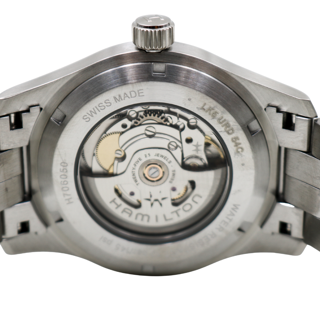 Exhibition case back of Hamilton Khaki Field watch revealing movement