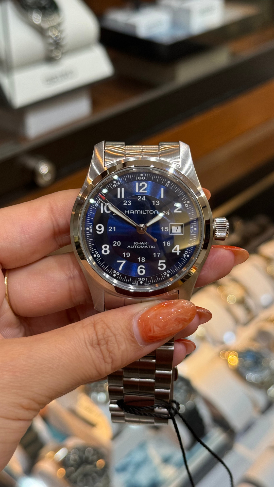 Front view of Hamilton Khaki Field Automatic with blue dial