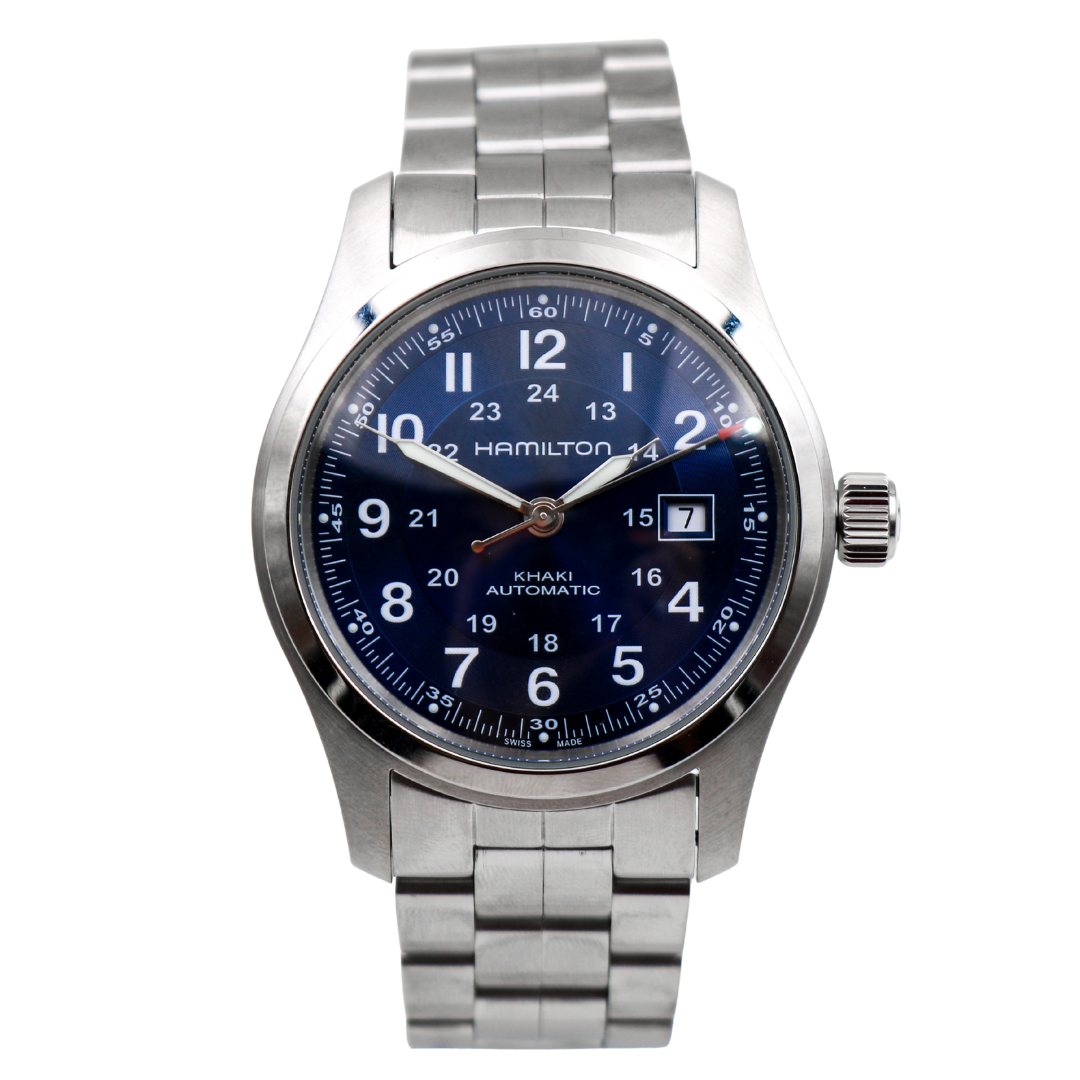 Front view of Hamilton Khaki Field Automatic with blue dial