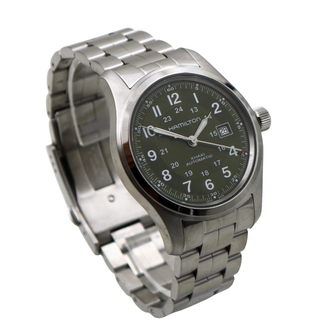 Hamilton Khaki Field green dial watch angled left with open bracelet