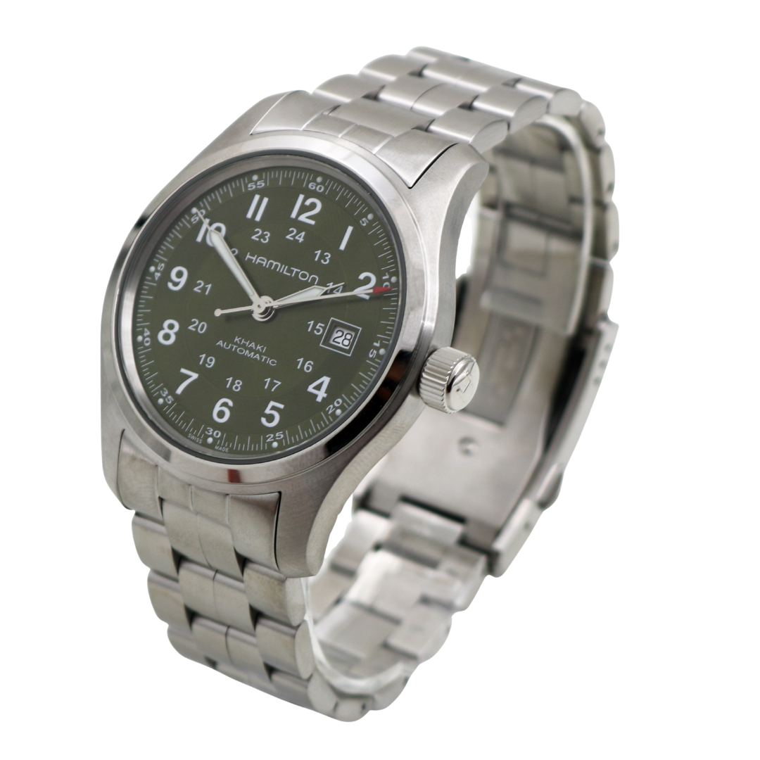 Hamilton Khaki Field green dial watch angled right showing crown and date