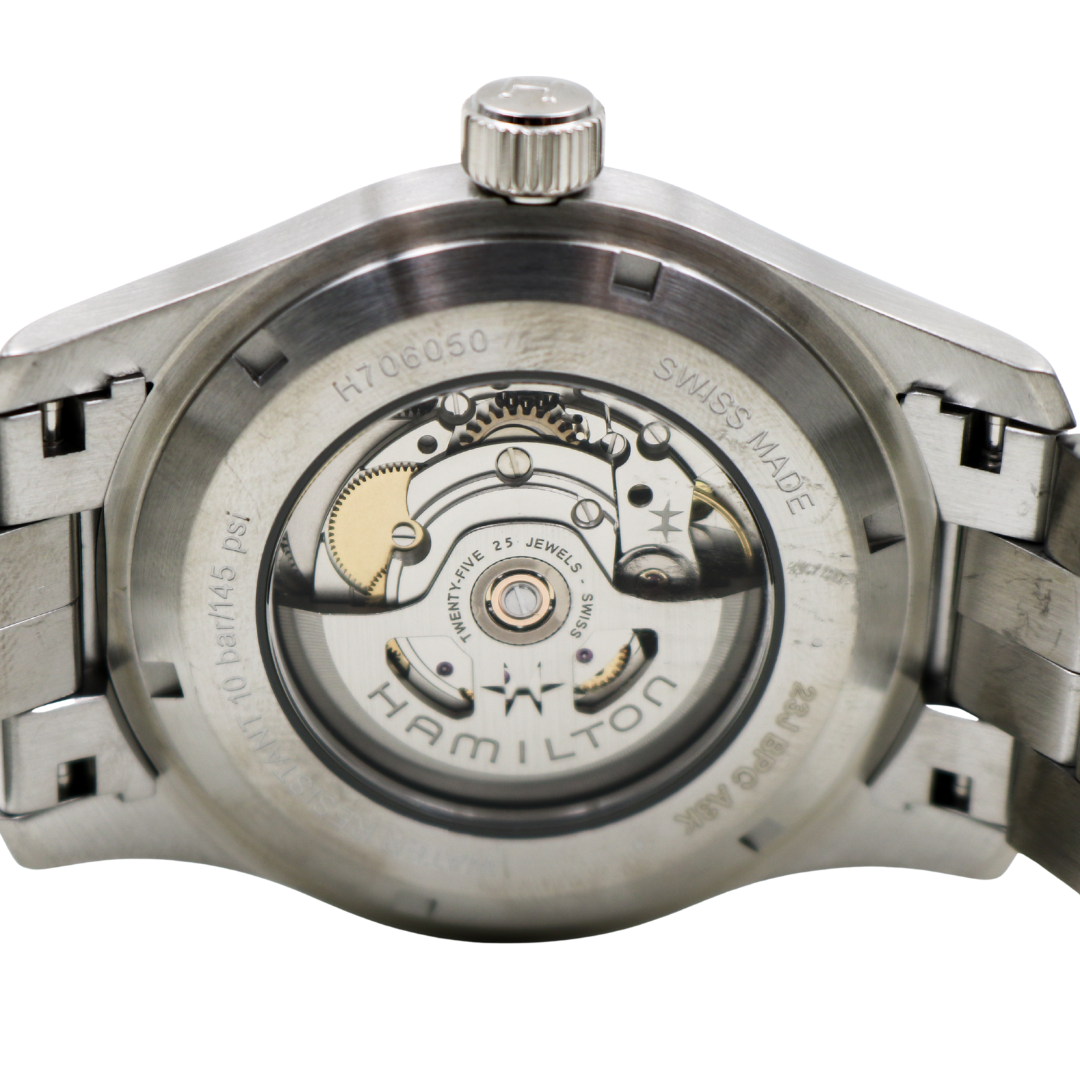 Exhibition case back of green dial Hamilton Khaki Field showing movement