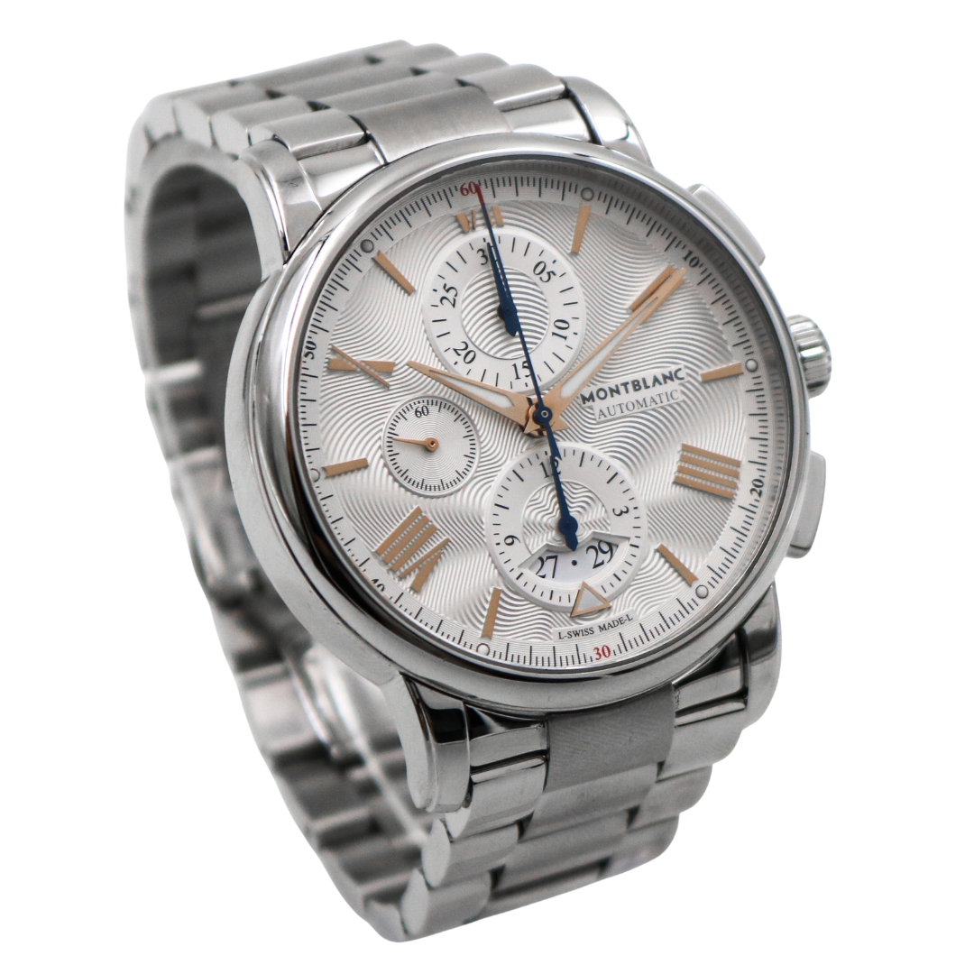 Left-angled shot of the Montblanc 4810 highlighting the case depth and intricate dial design.