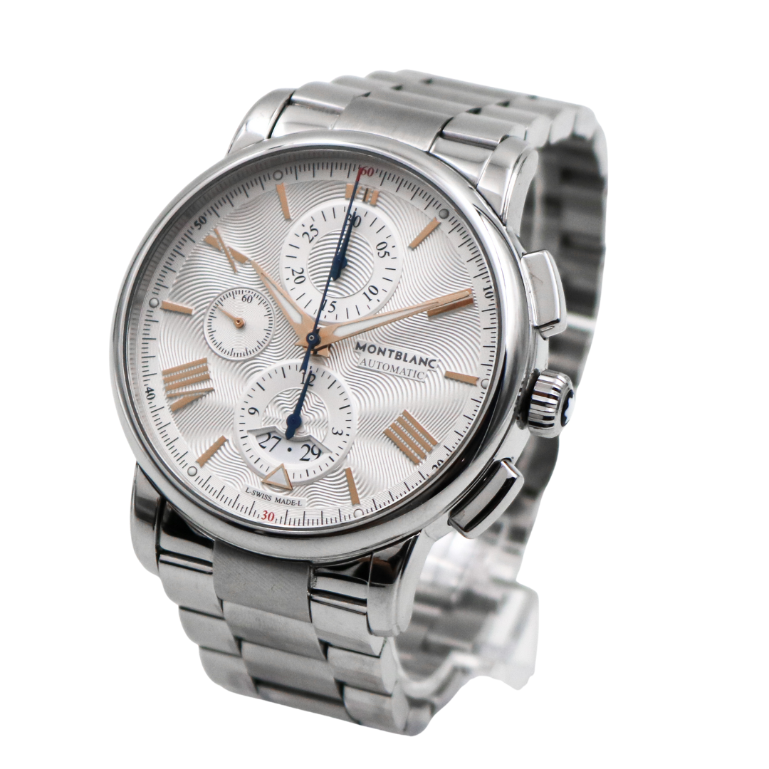 Right-angled image of the Montblanc 4810 showing off the polished casing and chronograph pushers.