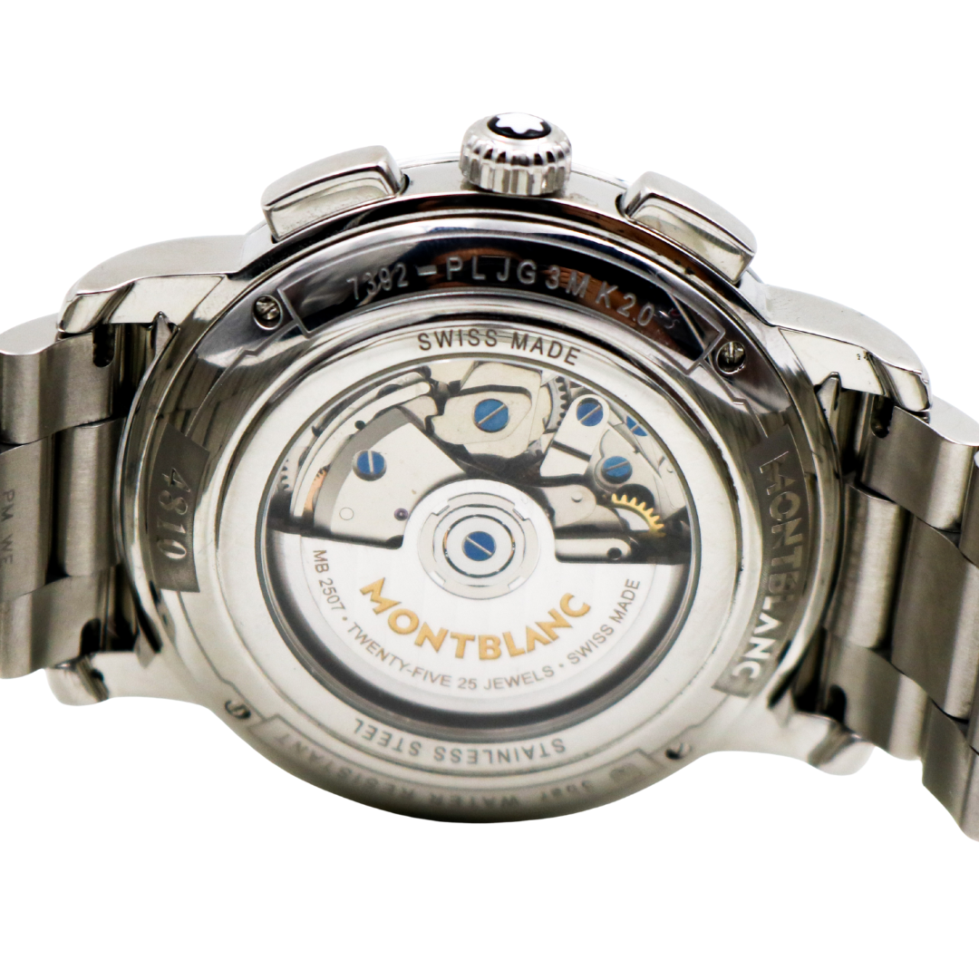 Detailed view of the Montblanc 4810 caseback revealing the automatic movement and Montblanc engraving.