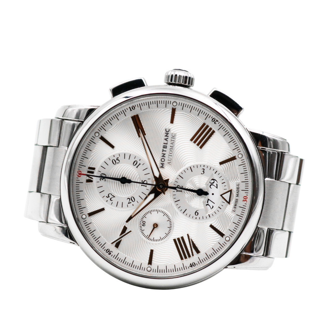 Flat lay view of the Montblanc 4810 Automatic Chronograph with the dial fully visible.