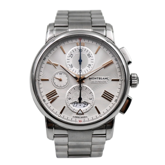 Front view of the Montblanc 4810 Automatic Chronograph showcasing the full dial and stainless steel bracelet.