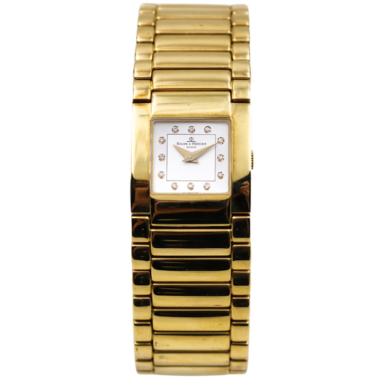Front view of the Baume & Mercier Catwalk gold ladies' watch with a polished gold-tone stainless steel case and bracelet, featuring a square white dial with diamond hour markers.