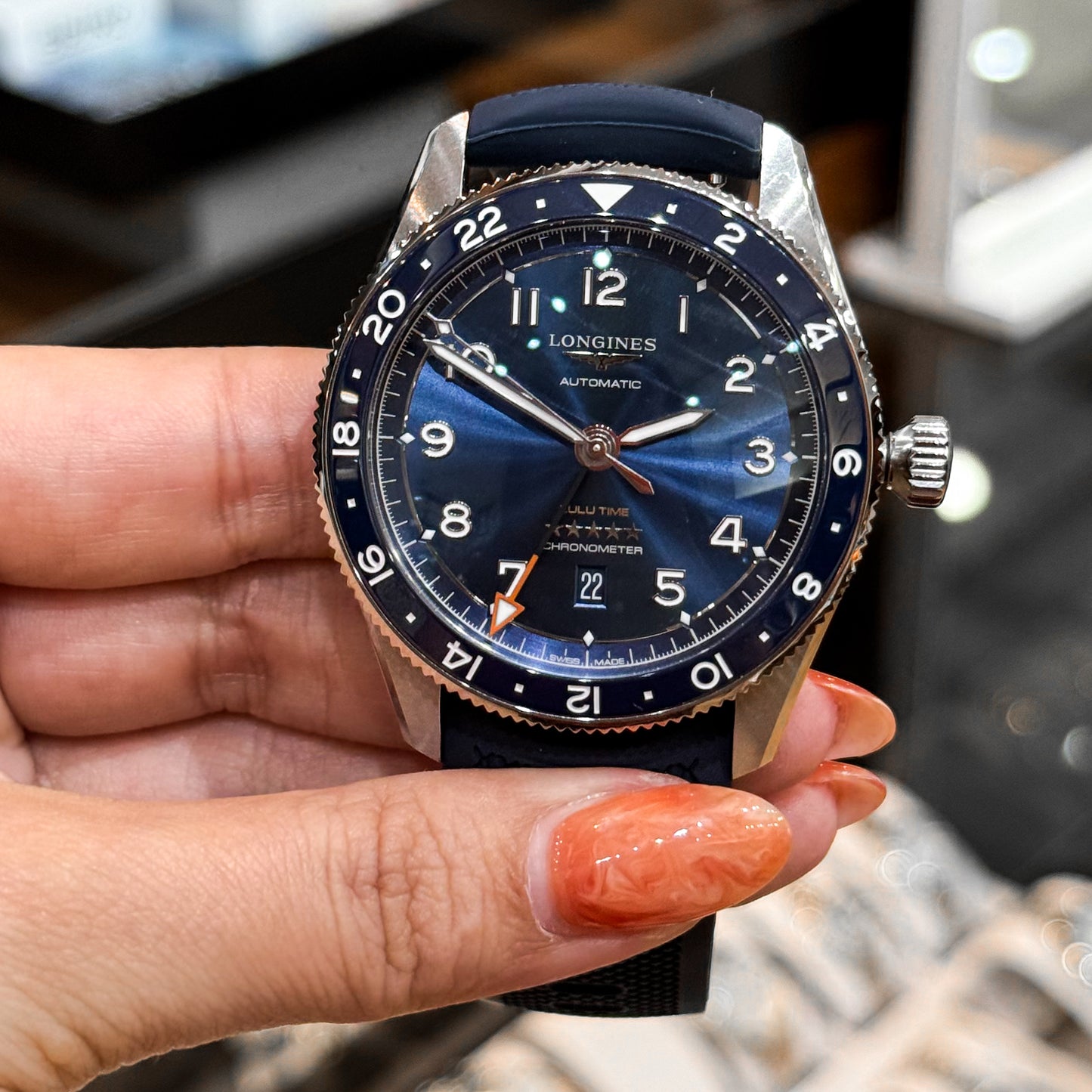Longines Spirit Zulu Time GMT 42 mm – Blue Dial on Blue Rubber Strap (Ref. L3.812.4.93)