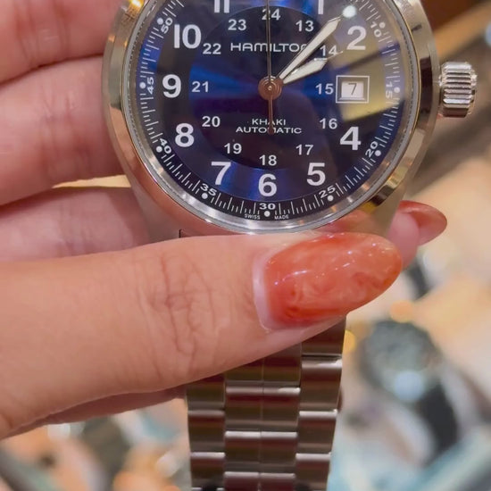 Front view of Hamilton Khaki Field Automatic with blue dial