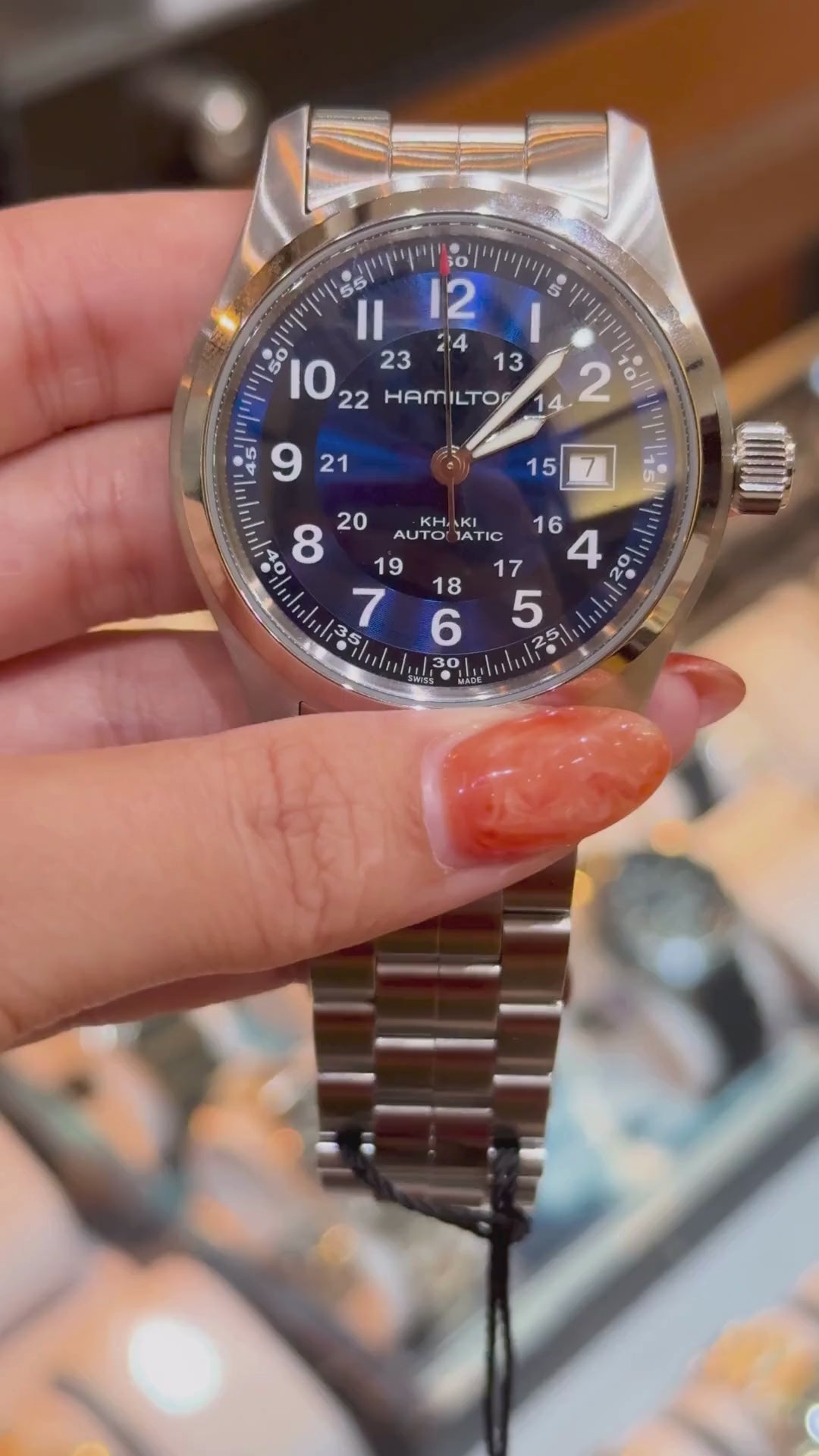 Front view of Hamilton Khaki Field Automatic with blue dial