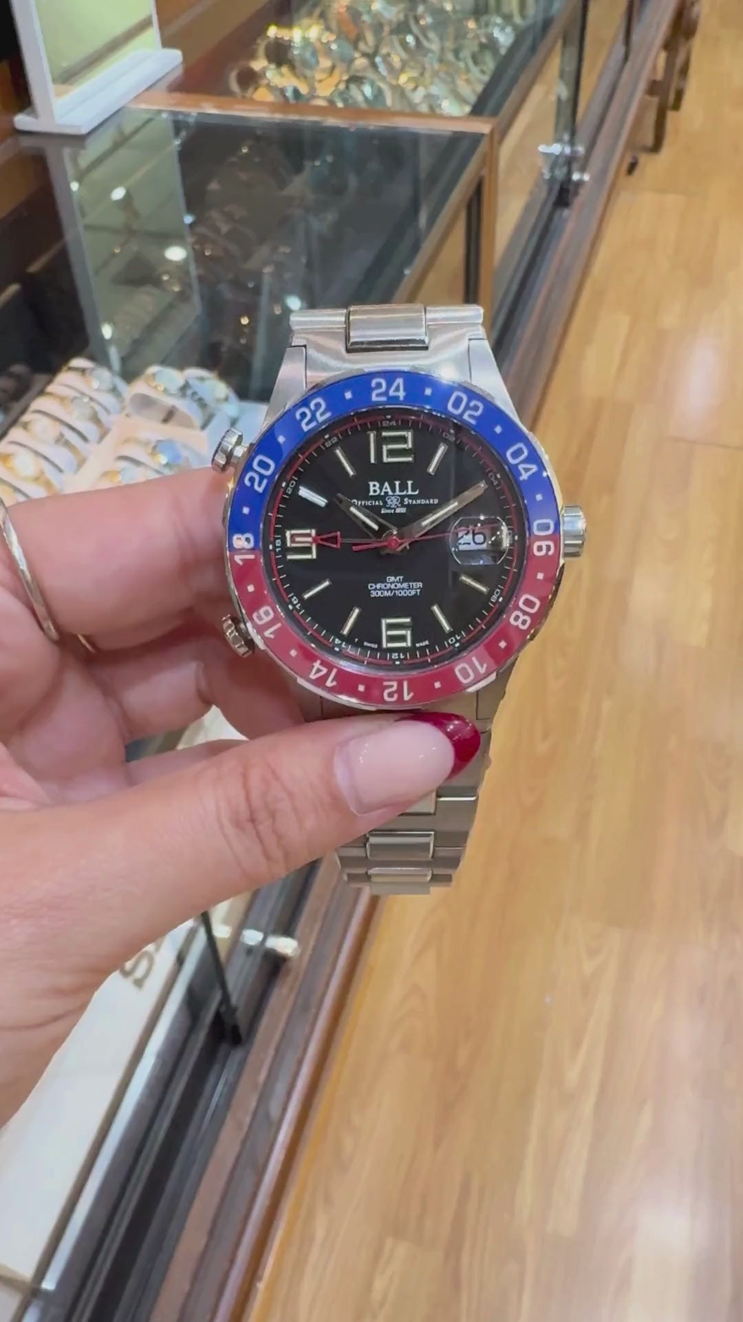 A video of Ball Engineer III Maverick GMT watch held in hand
