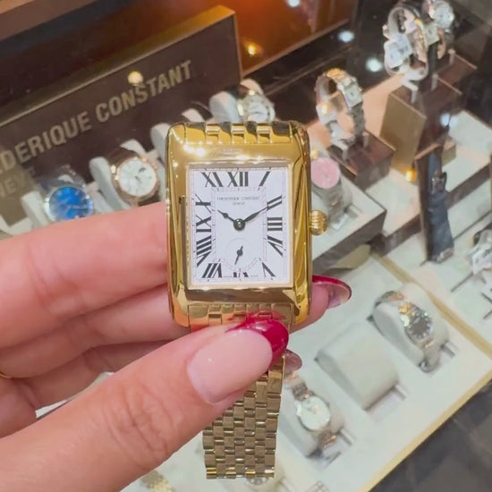 360-degree video of Frederique Constant Classics Carrée Small Seconds 36 mm in yellow-gold tone, featuring a rectangular white dial with Roman numerals, small seconds subdial, polished gold bracelet, and engraved caseback.