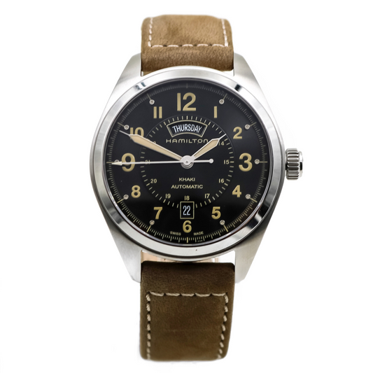  Hamilton Khaki Field Automatic Brown Calfskin Leather Mens Watch