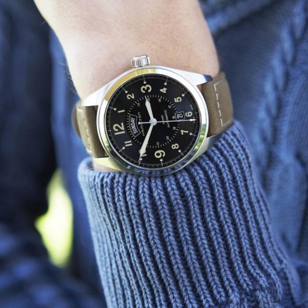  Hamilton Khaki Field Automatic Brown Calfskin Leather Mens Watch