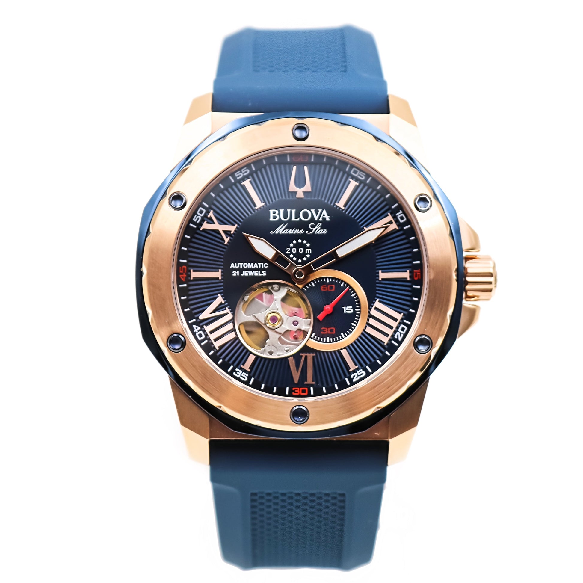 Bulova Marine Star Rose gold Blue Silicone mens sports watch