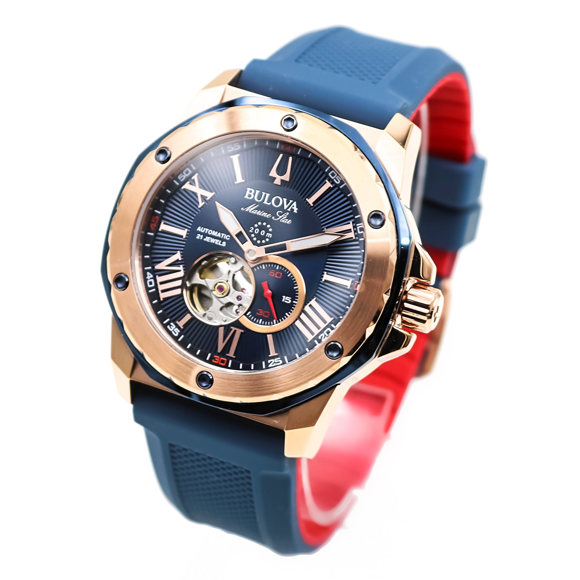 Bulova Marine Star Rose gold Blue Silicone mens sports watch