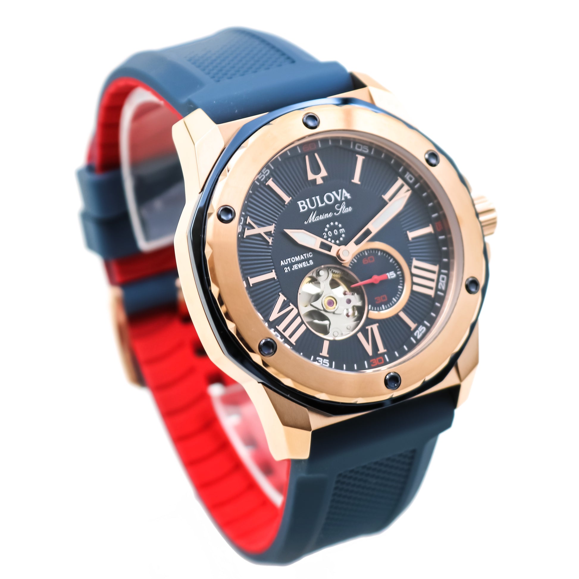 Bulova Marine Star Rose gold Blue Silicone mens sports watch
