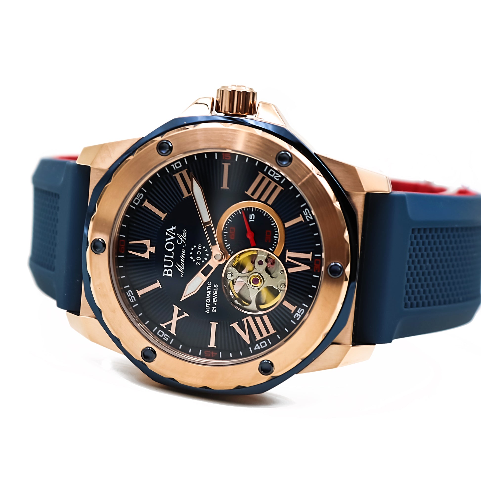 Bulova Marine Star Rose gold Blue Silicone mens sports watch